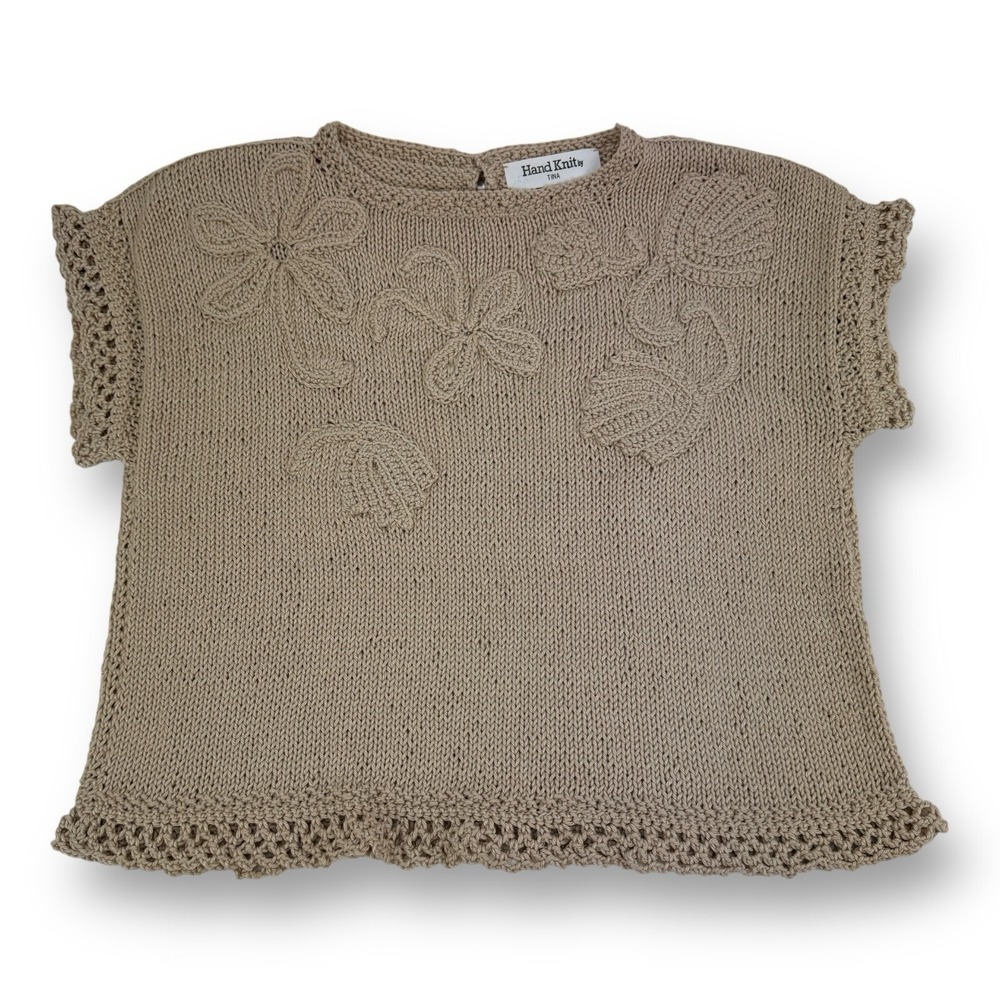 Custom Hand Knit by Tina Floral Cotton Short Sleeve‎ Top Brown Medium